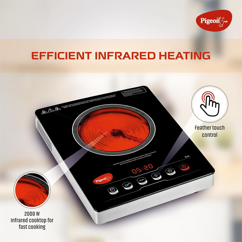 Pigeon by Stovekraft Infrared Cook & Grill 2000W Cooktop | Works with ALL Cookware (Non-Induction Too!) | Tandoor Grill Function | Touch Control | Timer | Auto Shut-Off | BIS | 2 Year Warranty | Black