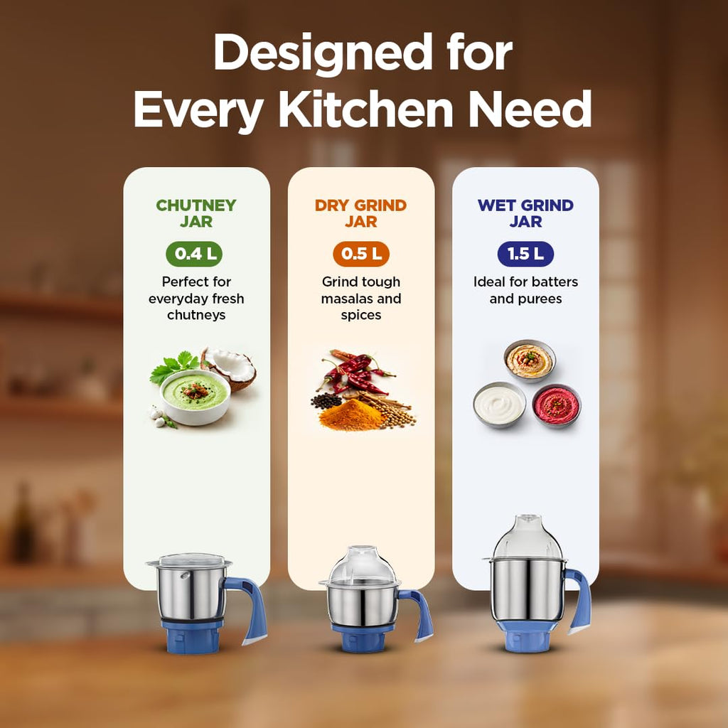 Preethi Diamond 750 Watts Mixer Grinder, 3 Jars (Stainless Steel)