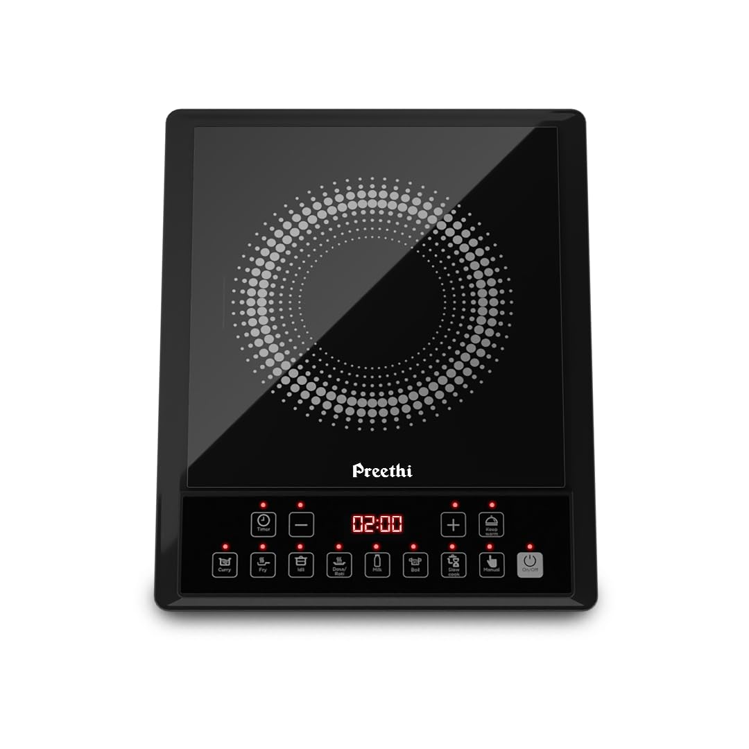 Preethi Indicook IC124 | 2100-Watt Induction Cooktop | Fast Gas-Free Cooking | No LPG Required | 3 Year Coil Warranty | Voltage surge protetion |Preset Indian Menus | Crystal Glass Plate | Black
