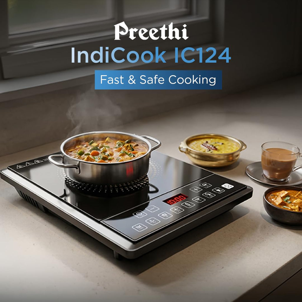 Preethi Indicook IC124 | 2100-Watt Induction Cooktop | Fast Gas-Free Cooking | No LPG Required | 3 Year Coil Warranty | Voltage surge protetion |Preset Indian Menus | Crystal Glass Plate | Black