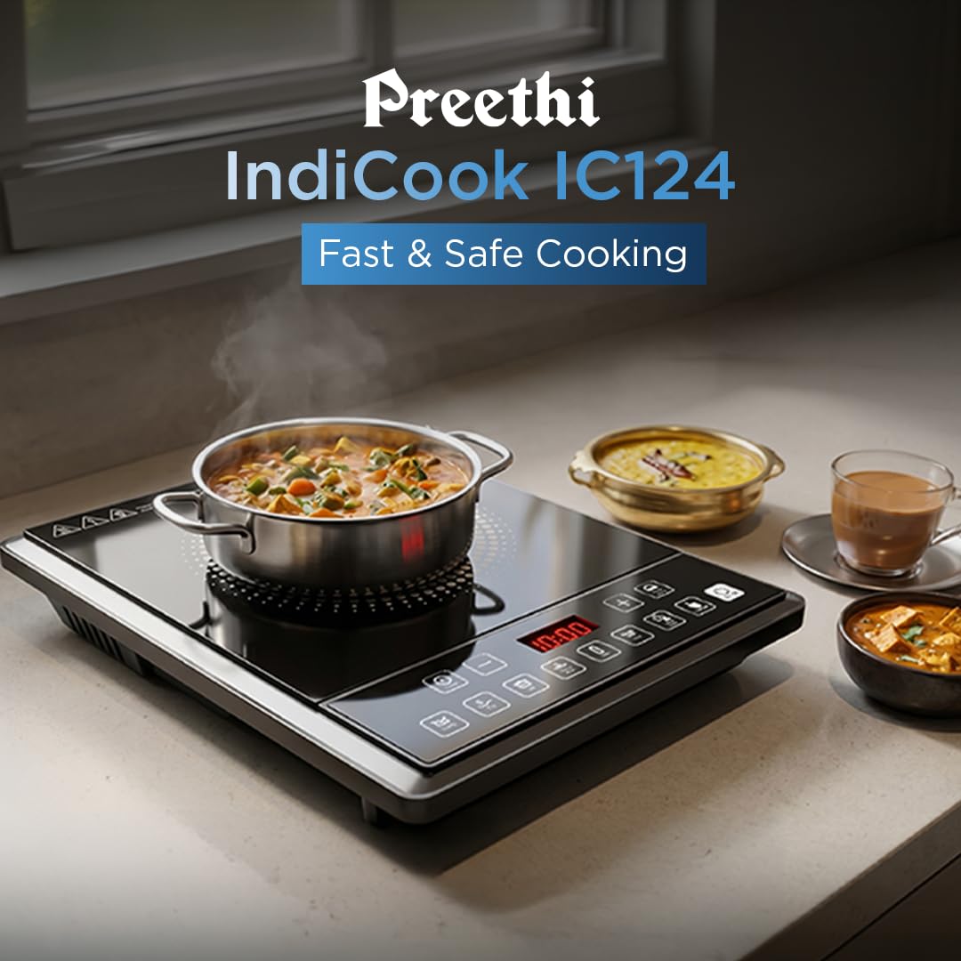 Preethi Indicook IC124 | 2100-Watt Induction Cooktop | Fast Gas-Free Cooking | No LPG Required | 3 Year Coil Warranty | Voltage surge protetion |Preset Indian Menus | Crystal Glass Plate | Black