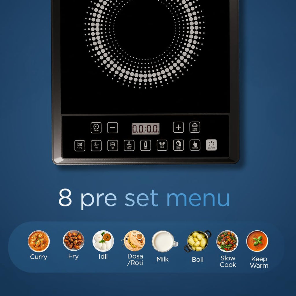 Preethi Indicook IC124 | 2100-Watt Induction Cooktop | Fast Gas-Free Cooking | No LPG Required | 3 Year Coil Warranty | Voltage surge protetion |Preset Indian Menus | Crystal Glass Plate | Black