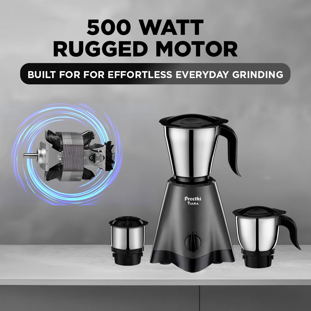 Preethi Tiara 500 Watts Mixer Grinder, 3 Jars (Stainless Steel)