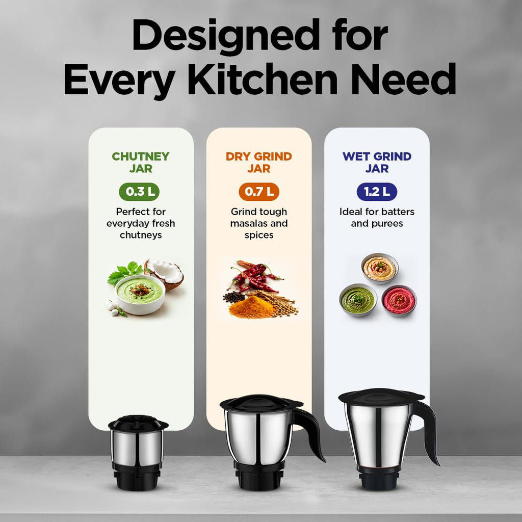 Preethi Tiara 500 Watts Mixer Grinder, 3 Jars (Stainless Steel)