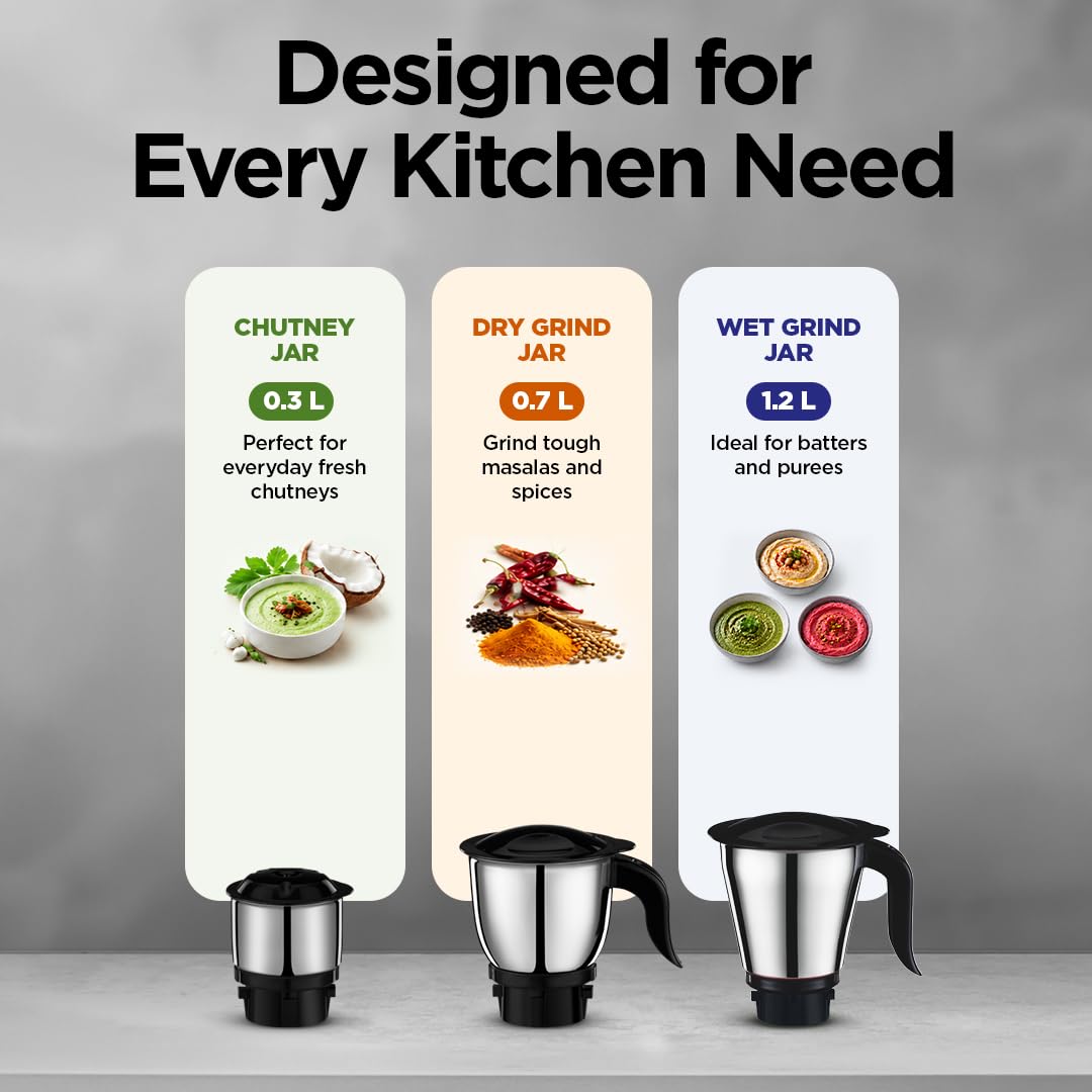 Preethi Tiara 500 Watts Mixer Grinder, 3 Jars (Stainless Steel)