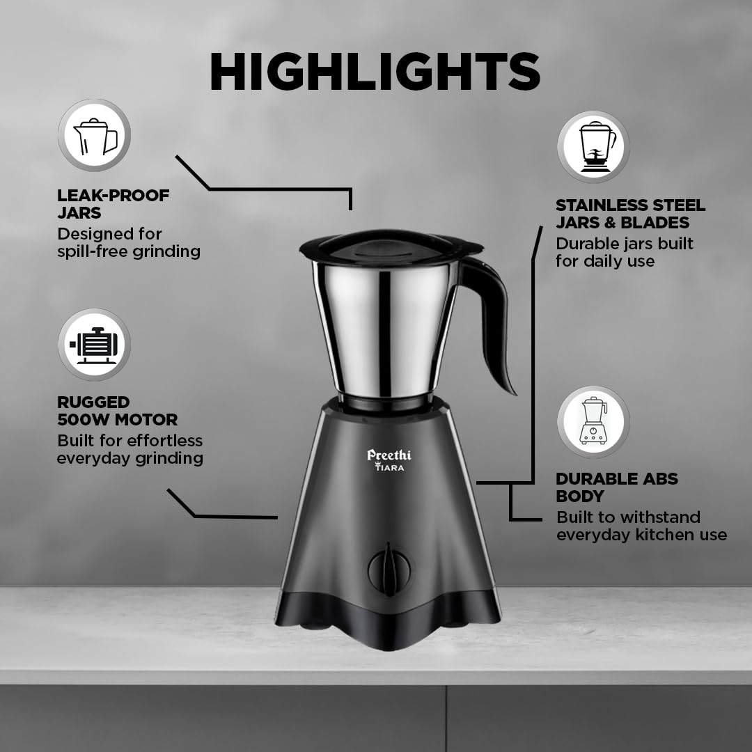 Preethi Tiara 500 Watts Mixer Grinder, 3 Jars (Stainless Steel)
