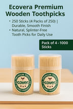 Ecovera Wooden Toothpicks - 1000 Sticks (4 Packs of 250)