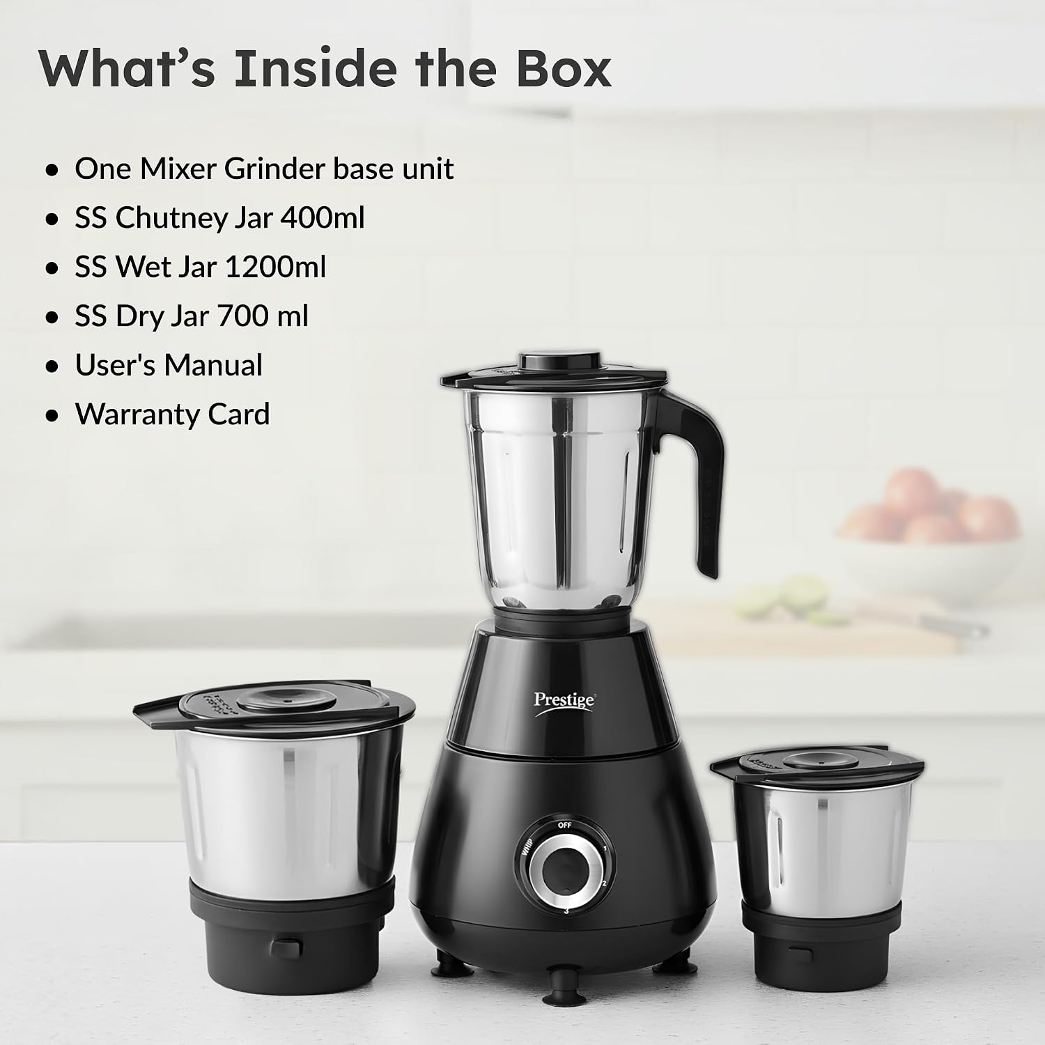 Prestige Apex 500 Watt Mixer Grinder with 3 Stainless Steel Jars