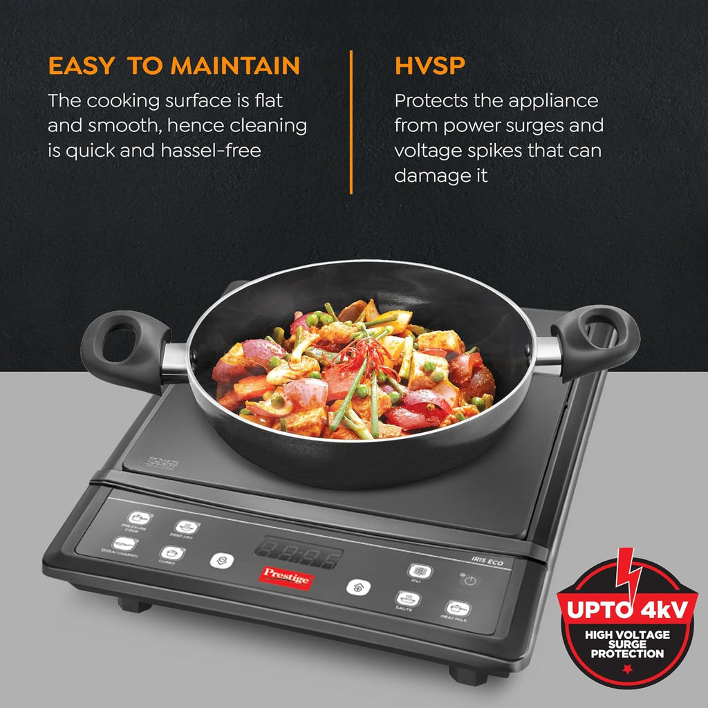 Prestige IRIS ECO 1200 W Induction Cooktop with automatic voltage regulator |Indian Menu option|Power Saver|Timer with User Pre-Set|1 year warranty|Black