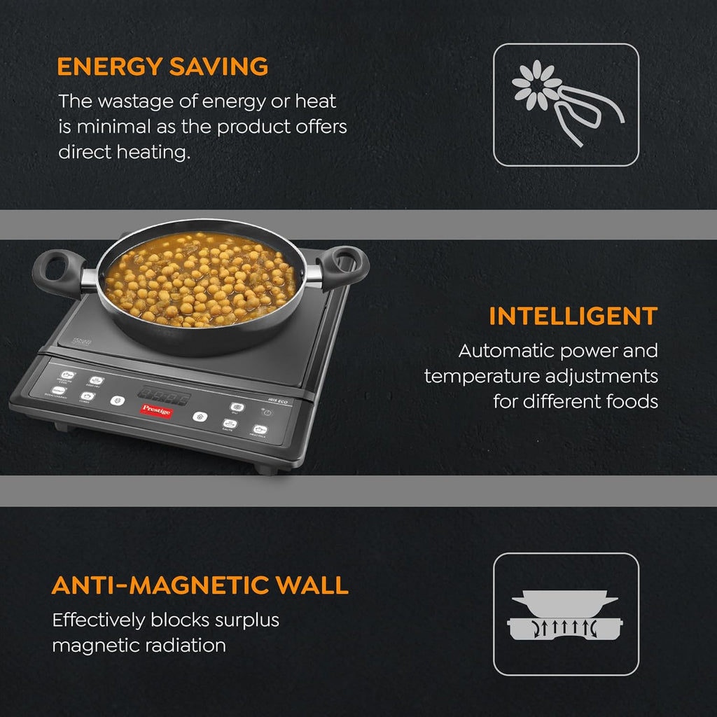 Prestige IRIS ECO 1200 W Induction Cooktop with automatic voltage regulator |Indian Menu option|Power Saver|Timer with User Pre-Set|1 year warranty|Black