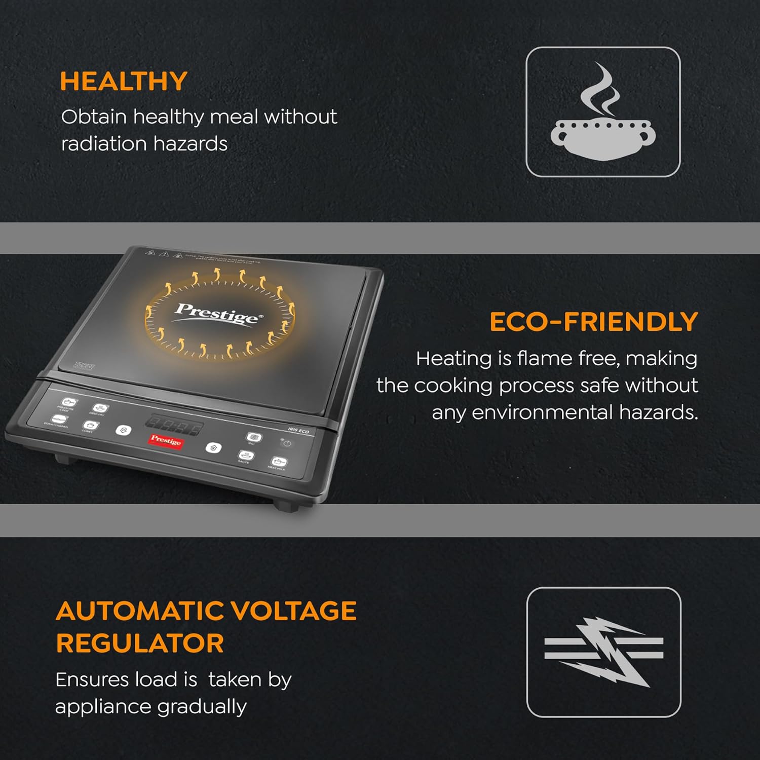Prestige IRIS ECO 1200 W Induction Cooktop with automatic voltage regulator |Indian Menu option|Power Saver|Timer with User Pre-Set|1 year warranty|Black