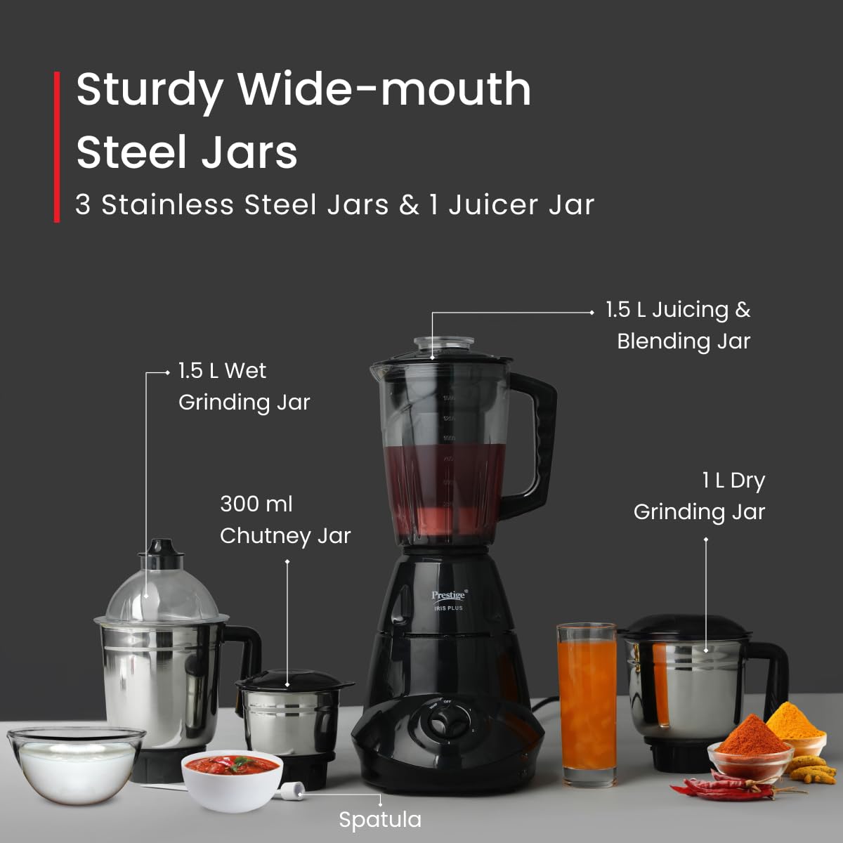 Prestige Iris 750 Watt Mixer Grinder with 4 Jars (3 Stainless Steel + 1 Juicer)