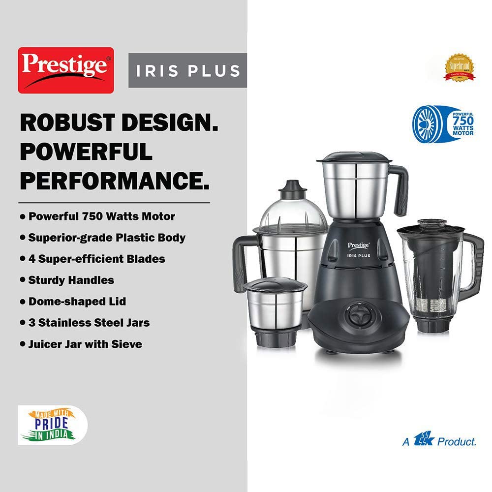 Prestige Iris 750 Watt Mixer Grinder with 4 Jars (3 Stainless Steel + 1 Juicer)