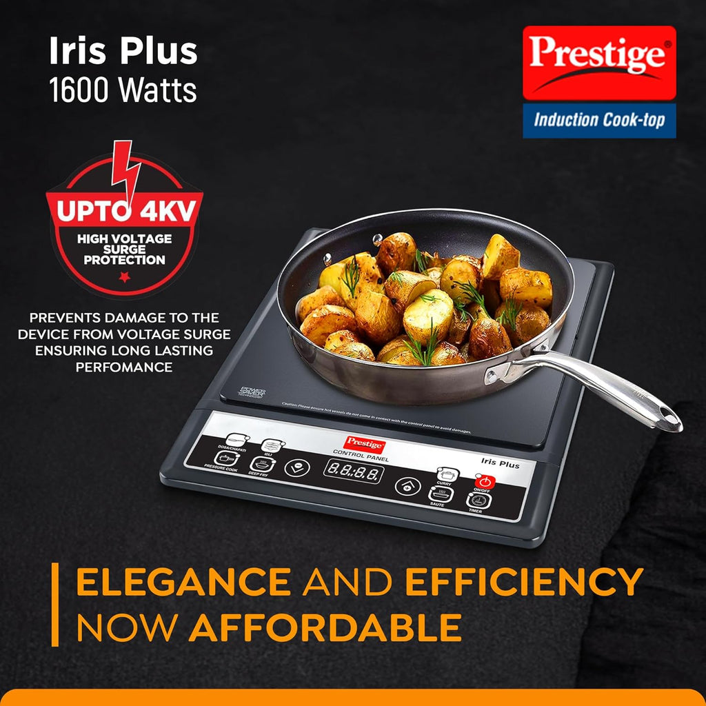 Prestige Iris Plus 1600 Watts Induction Cooktop | 4KV Surge Protection | 6 Preset Indian Menu Options & Timer | Soft Touch Button | Easy to Clean | Portable | 1Y Warranty | Black | BIS Certified