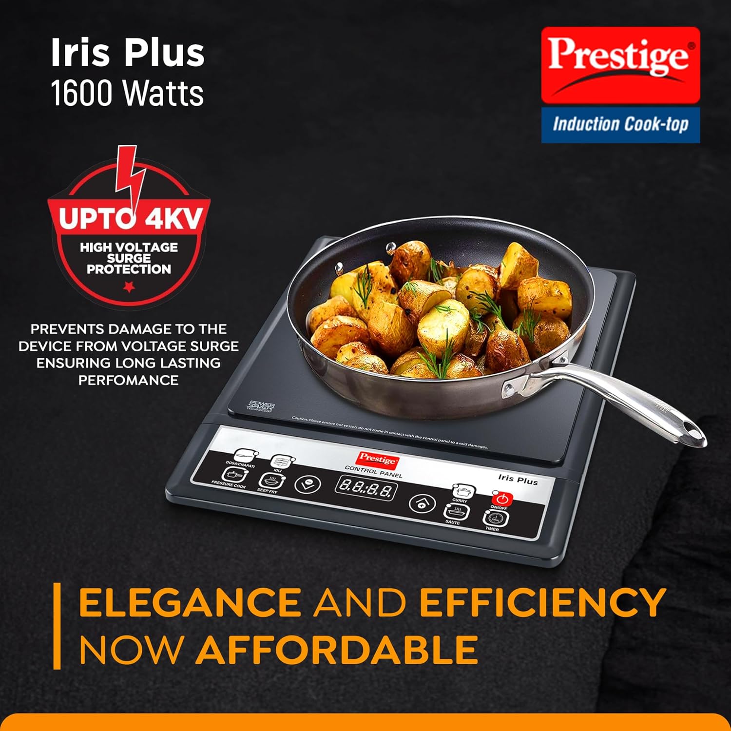 Prestige Iris Plus 1600 Watts Induction Cooktop | 4KV Surge Protection | 6 Preset Indian Menu Options & Timer | Soft Touch Button | Easy to Clean | Portable | 1Y Warranty | Black | BIS Certified