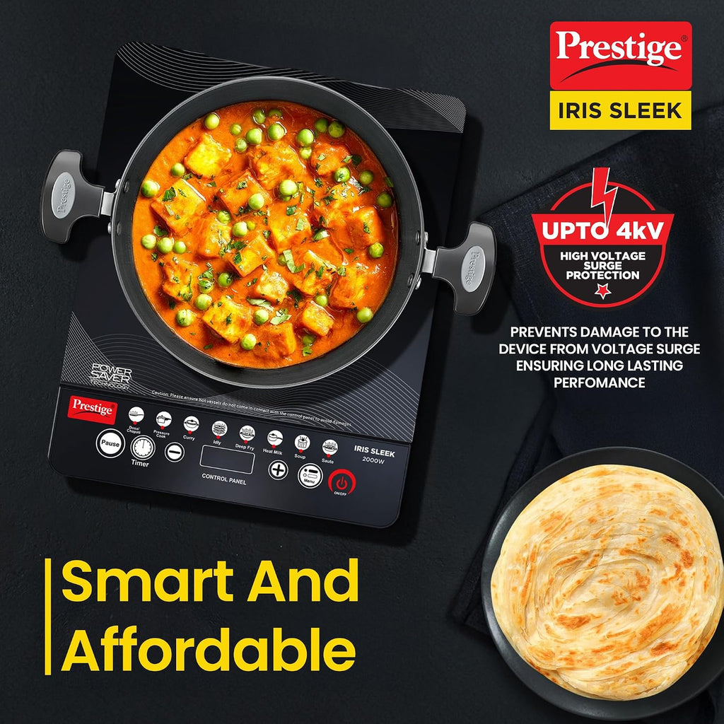 Prestige Iris Sleek 2000 Watts Induction Cooktop-Individual Touch Buttons| 4KV Surge Protection | 8 Preset Indian Menu Options & Timer | Automatic Voltage Regulator | 1Y Warranty | Black|BIS Certified