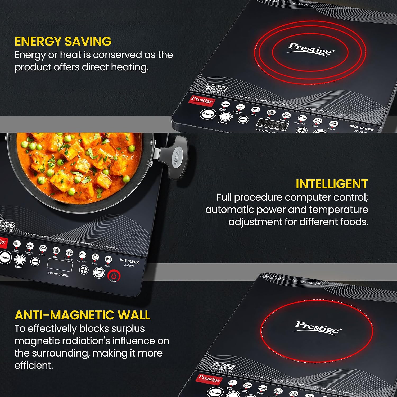 Prestige Iris Sleek 2000 Watts Induction Cooktop-Individual Touch Buttons| 4KV Surge Protection | 8 Preset Indian Menu Options & Timer | Automatic Voltage Regulator | 1Y Warranty | Black|BIS Certified