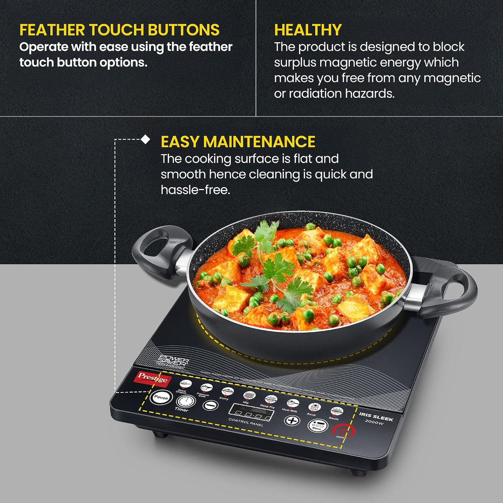 Prestige Iris Sleek 2000 Watts Induction Cooktop-Individual Touch Buttons| 4KV Surge Protection | 8 Preset Indian Menu Options & Timer | Automatic Voltage Regulator | 1Y Warranty | Black|BIS Certified