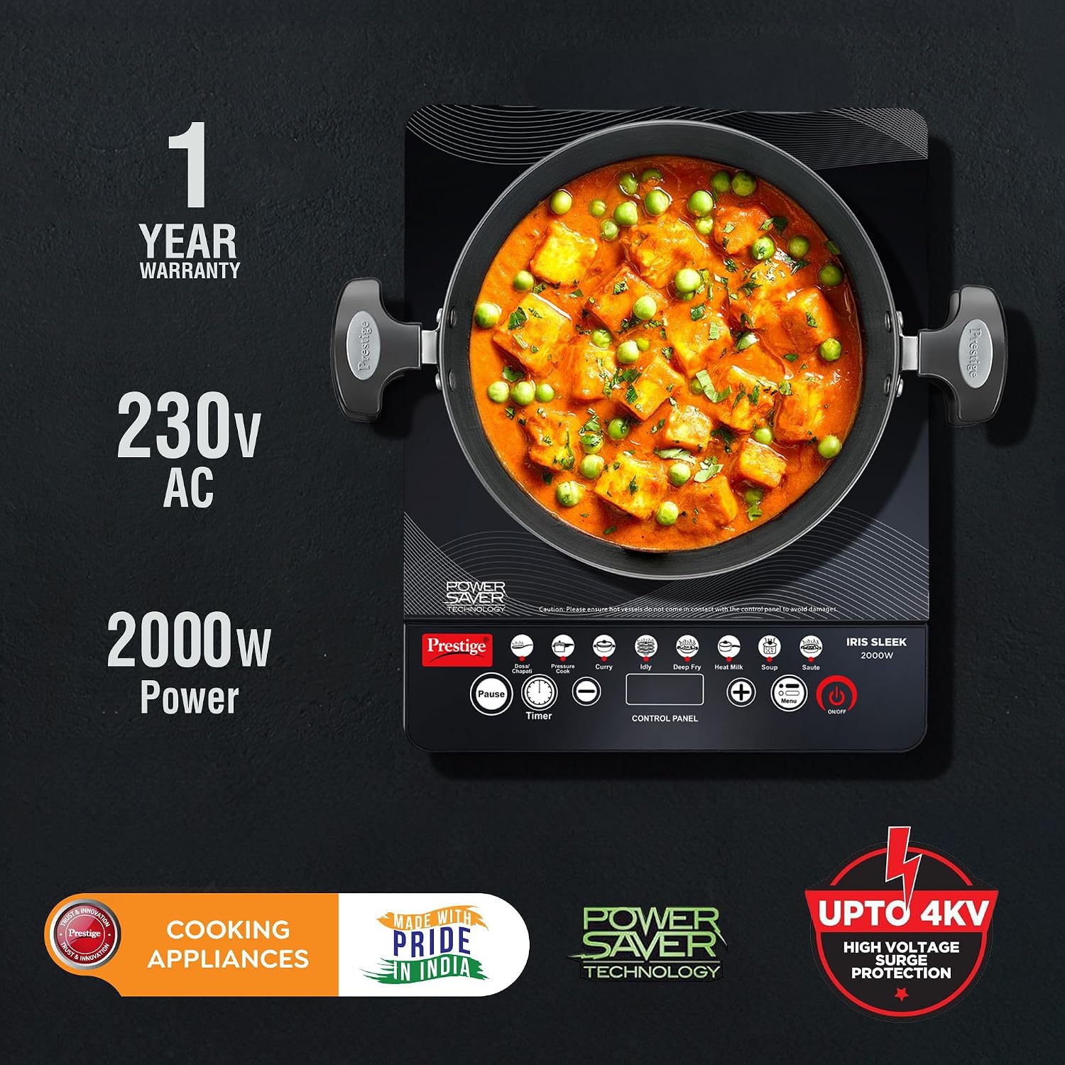 Prestige Iris Sleek 2000 Watts Induction Cooktop-Individual Touch Buttons| 4KV Surge Protection | 8 Preset Indian Menu Options & Timer | Automatic Voltage Regulator | 1Y Warranty | Black|BIS Certified
