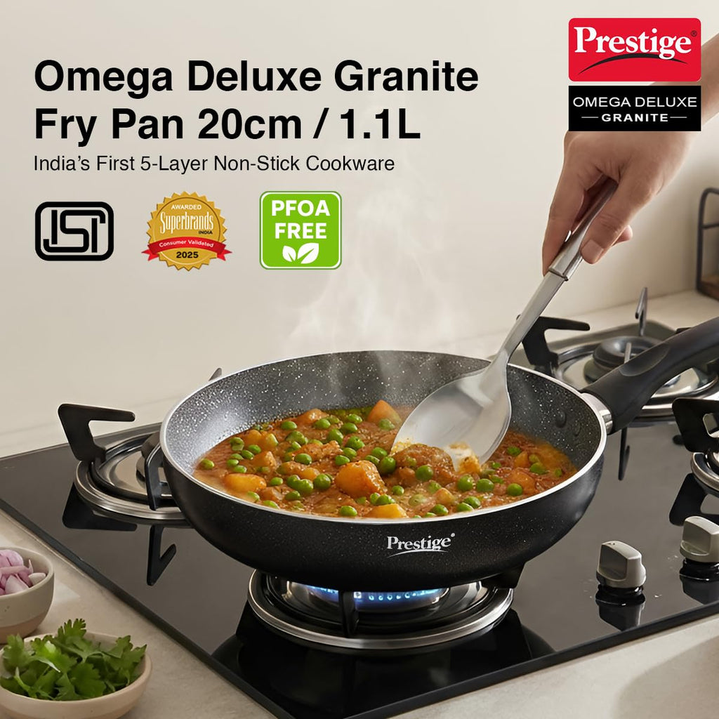 Prestige Non-Stick Omega Deluxe Granite Fry Pan (Omelette Pan)| 20 Centimetre | Black | Induction Base | 5 Layer Non-Stick Cookware | PFOA Free | Easy Grip Handle