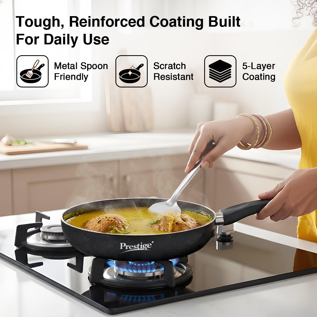 Prestige Non-Stick Omega Deluxe Granite Fry Pan (Omelette Pan)| 20 Centimetre | Black | Induction Base | 5 Layer Non-Stick Cookware | PFOA Free | Easy Grip Handle