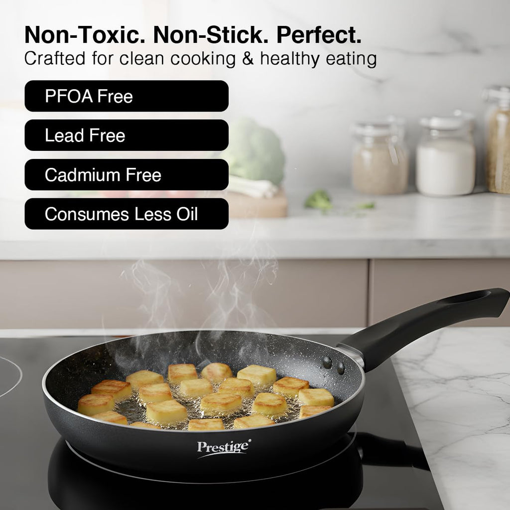 Prestige Non-Stick Omega Deluxe Granite Fry Pan (Omelette Pan)| 20 Centimetre | Black | Induction Base | 5 Layer Non-Stick Cookware | PFOA Free | Easy Grip Handle
