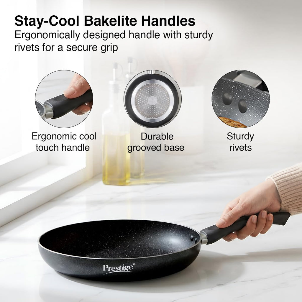Prestige Non-Stick Omega Deluxe Granite Fry Pan (Omelette Pan)| 20 Centimetre | Black | Induction Base | 5 Layer Non-Stick Cookware | PFOA Free | Easy Grip Handle