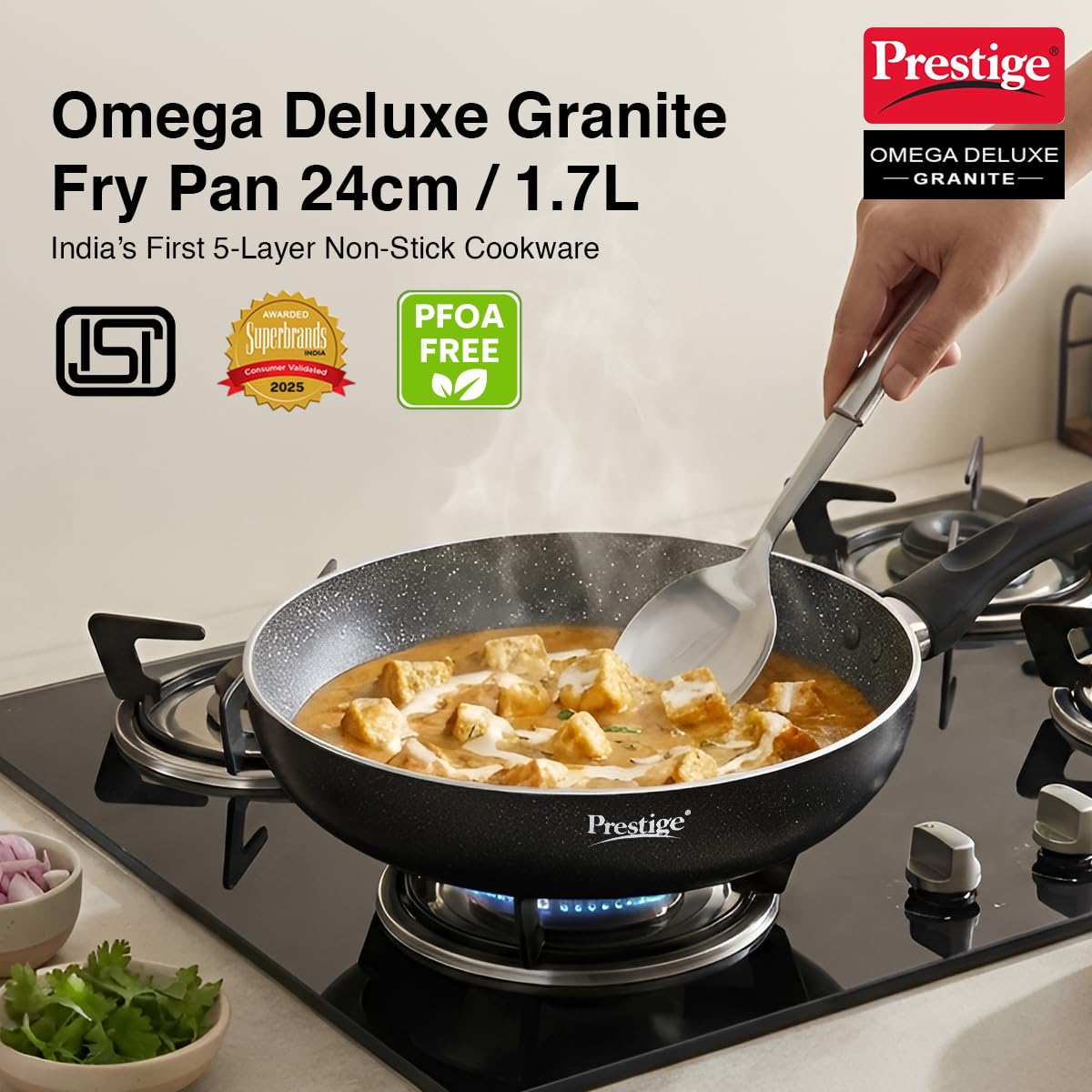 Prestige Non-Stick Omega Deluxe Granite Fry Pan | 24 Centimetre | Black | Induction Base | 5 Layer Non-Stick Cookware | Dishwasher Safe | 2-Layer Metallic Finish