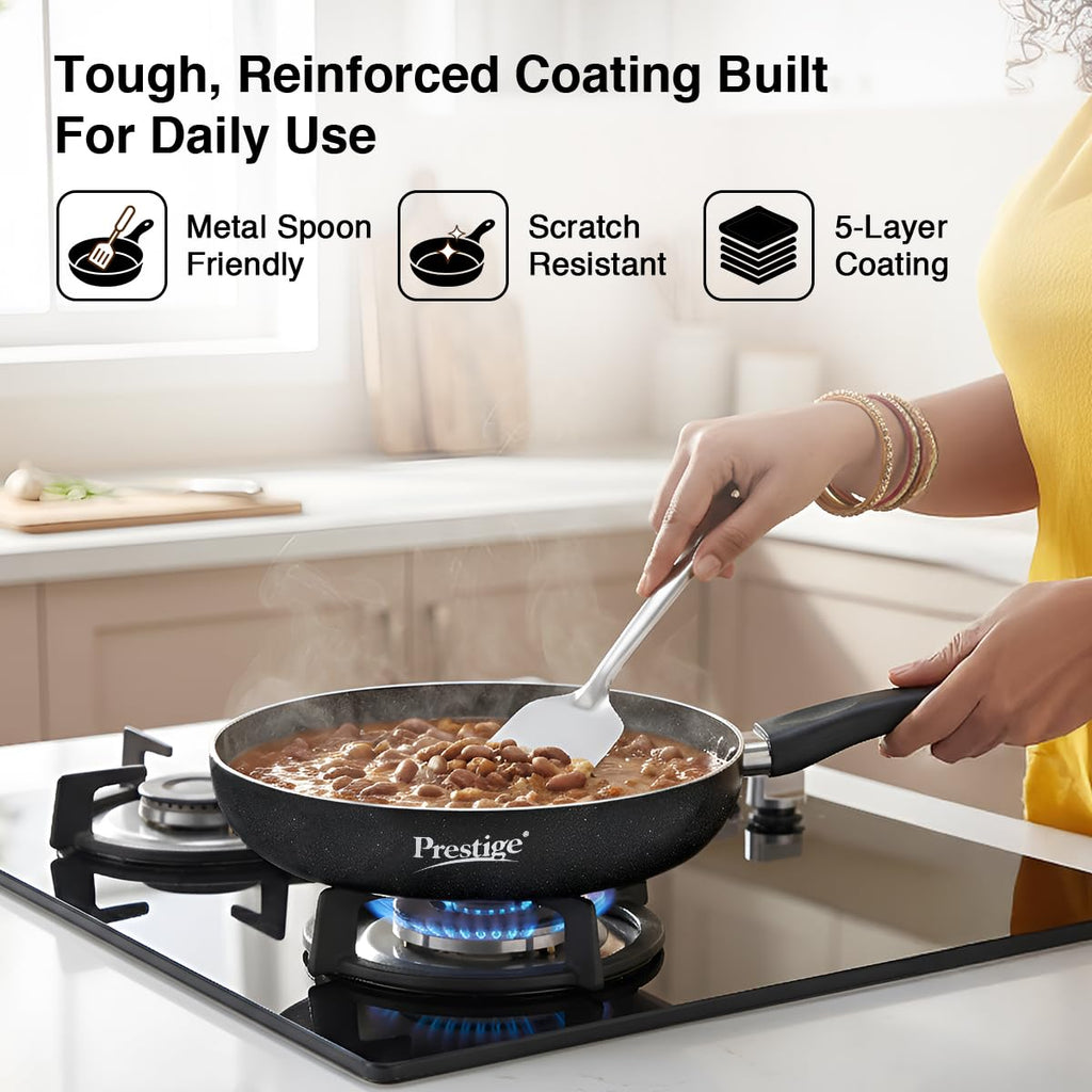 Prestige Non-Stick Omega Deluxe Granite Fry Pan | 24 Centimetre | Black | Induction Base | 5 Layer Non-Stick Cookware | Dishwasher Safe | 2-Layer Metallic Finish