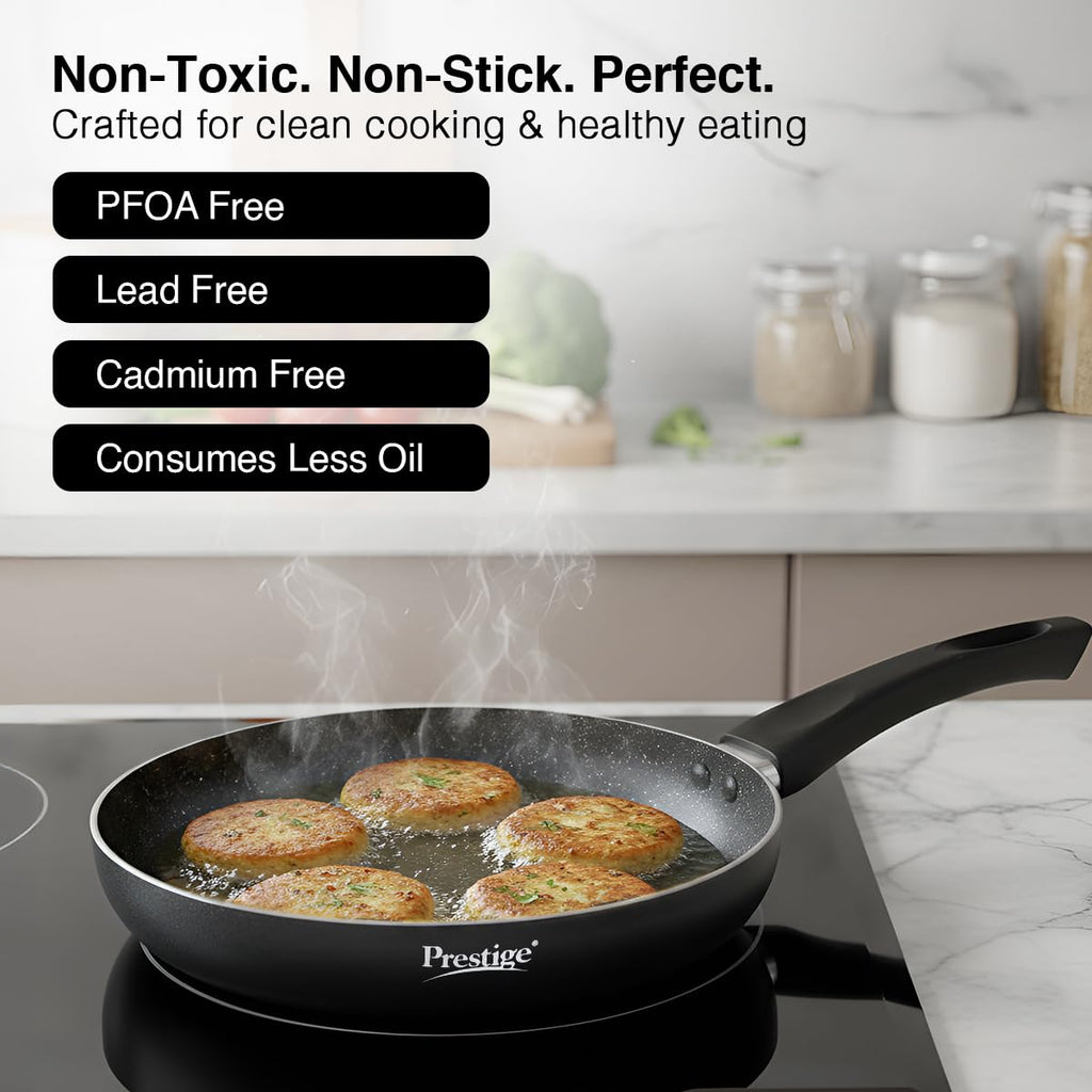 Prestige Non-Stick Omega Deluxe Granite Fry Pan | 24 Centimetre | Black | Induction Base | 5 Layer Non-Stick Cookware | Dishwasher Safe | 2-Layer Metallic Finish