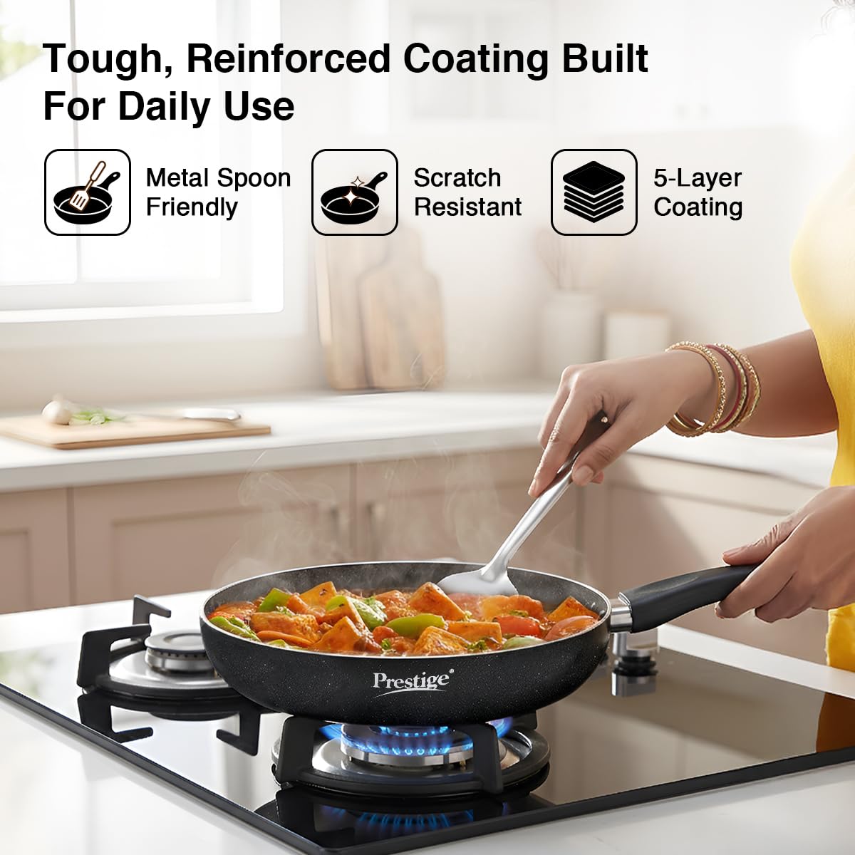 Prestige Non-Stick Omega Deluxe Granite Fry Pan with Lid | 26 Centimetre | Black | Induction Base | 5 Layer Non-Stick Cookware | Dishwasher Compatible