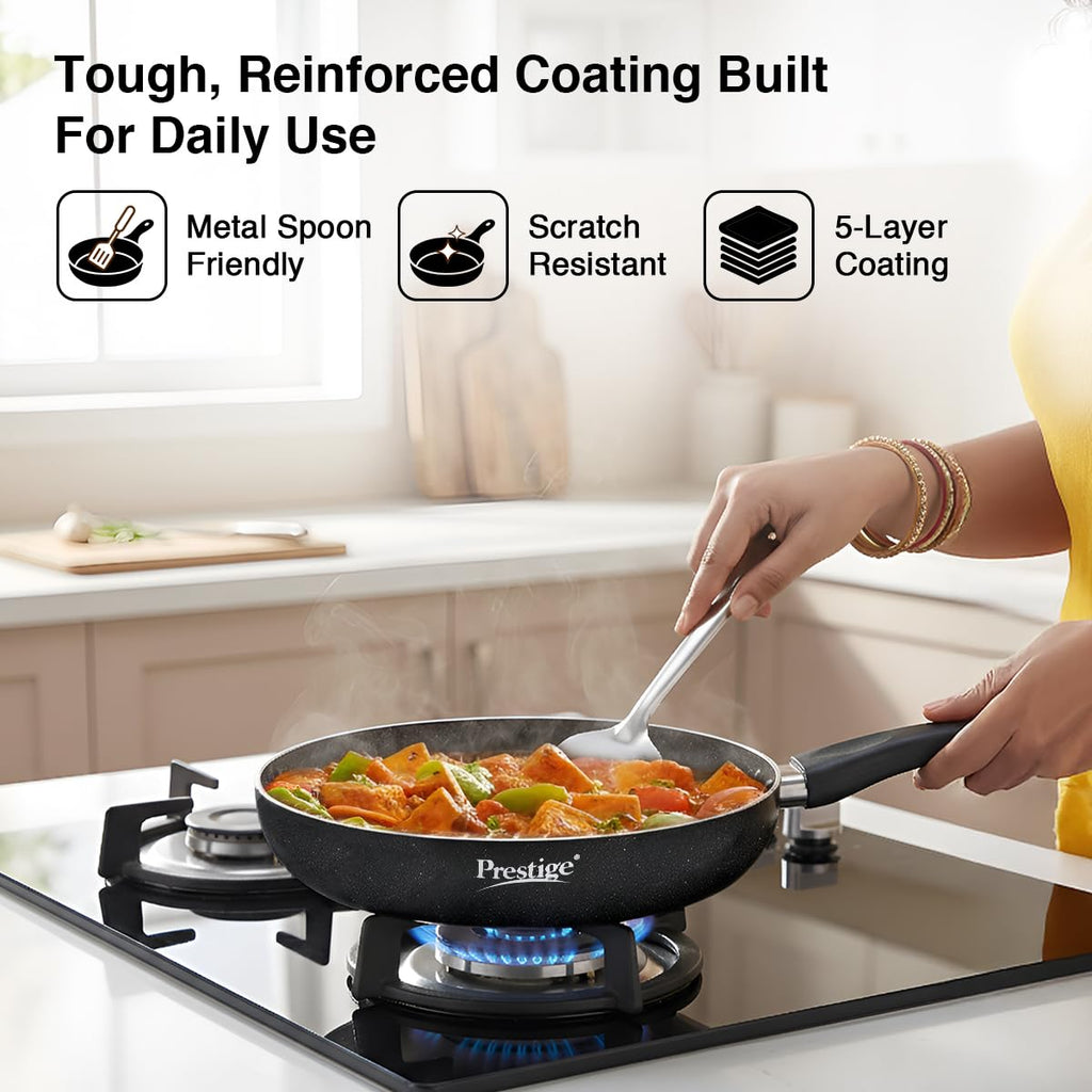 Prestige Aluminium Omega Deluxe Granite Fry Pan with Lid, 28 cm, Black (3 litres)