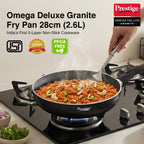 Prestige Omega Deluxe Granite Non-Stick Round Base Fry Pan, 28cm - 3L |Metal Spoon Friendly |Aluminium|Durable Granite Finish|Black