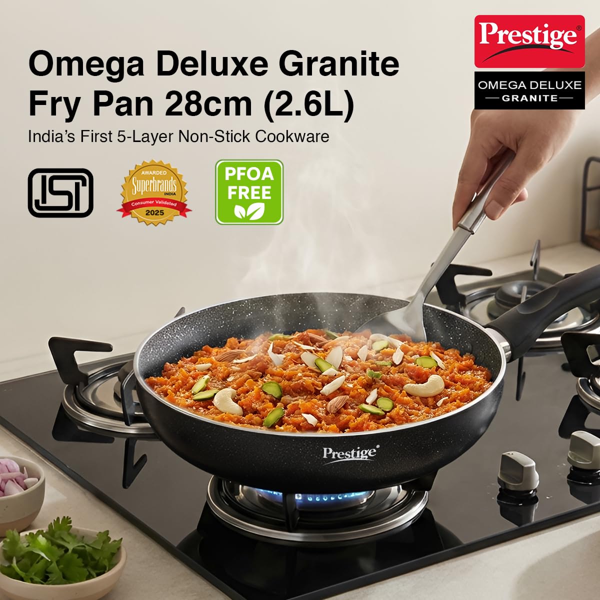 Prestige Omega Deluxe Granite Non-Stick Round Base Fry Pan, 28cm - 3L |Metal Spoon Friendly |Aluminium|Durable Granite Finish|Black