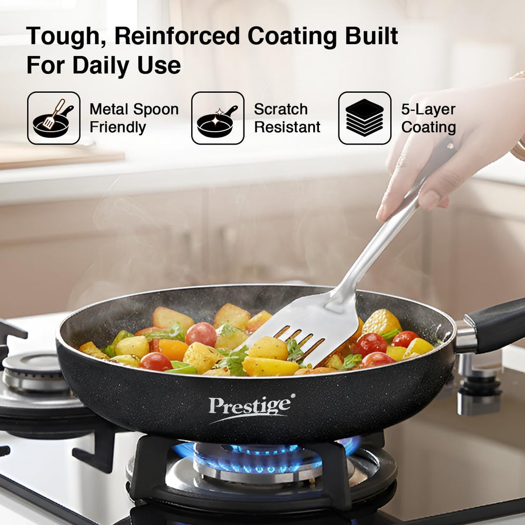 Prestige Omega Deluxe Granite Non-Stick Round Base Fry Pan, 28cm - 3L |Metal Spoon Friendly |Aluminium|Durable Granite Finish|Black