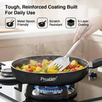 Prestige Omega Deluxe Granite Non-Stick Round Base Fry Pan, 28cm - 3L |Metal Spoon Friendly |Aluminium|Durable Granite Finish|Black