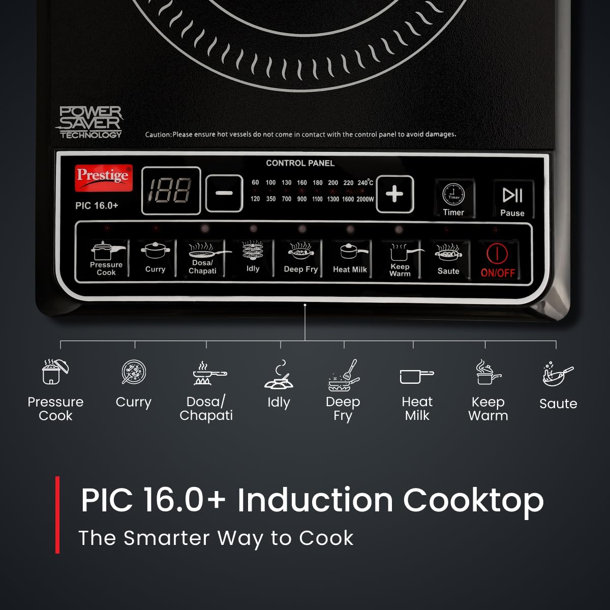 Prestige PIC 16.0 Plus 2000 Watts Induction Cooktop | 4KV Surge Protection | 8 Preset Indian Menu Option with Timer
