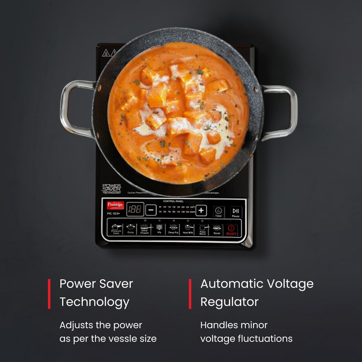 Prestige PIC 16.0 Plus 2000 Watts Induction Cooktop | 4KV Surge Protection | 8 Preset Indian Menu Option with Timer