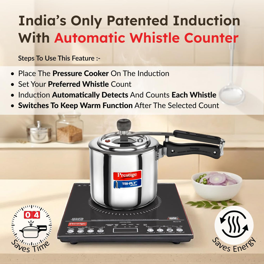 Prestige PIC 3.1 V3 2000 Watts Induction Cooktop | Patented Automatic Whistle Counter | 4KV Surge Protection | 7 Preset Indian Menu Options With Timer | Touch Button | Black | 1Y Warranty | BIS