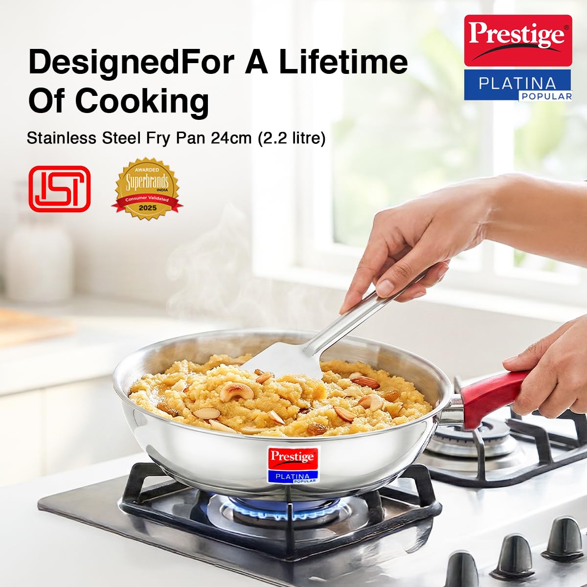 Prestige Platina Popular Stainless Steel Gas and Induction Compatible Fry Pan, 240 mm