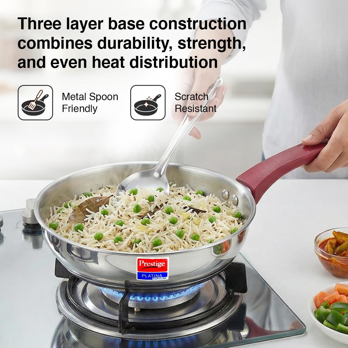 Prestige Platina Popular Stainless Steel Gas and Induction Compatible Fry Pan, 240 mm