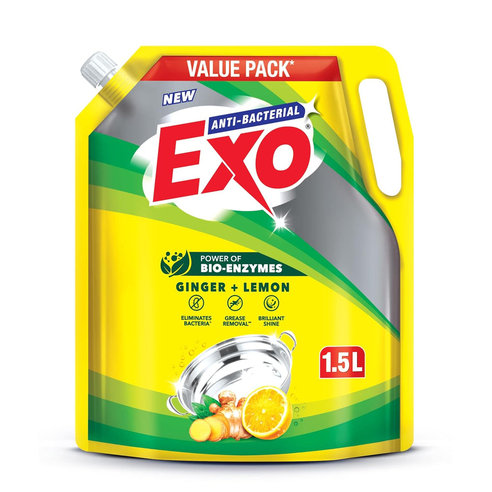 Exo Anti-Bacterial Liquid Dishwash Gel - 1.5L Value Pack| Anti-Bacterial Formula with Ginger & Lemon for Sparkling Clean Utensils |Powered with Bio...