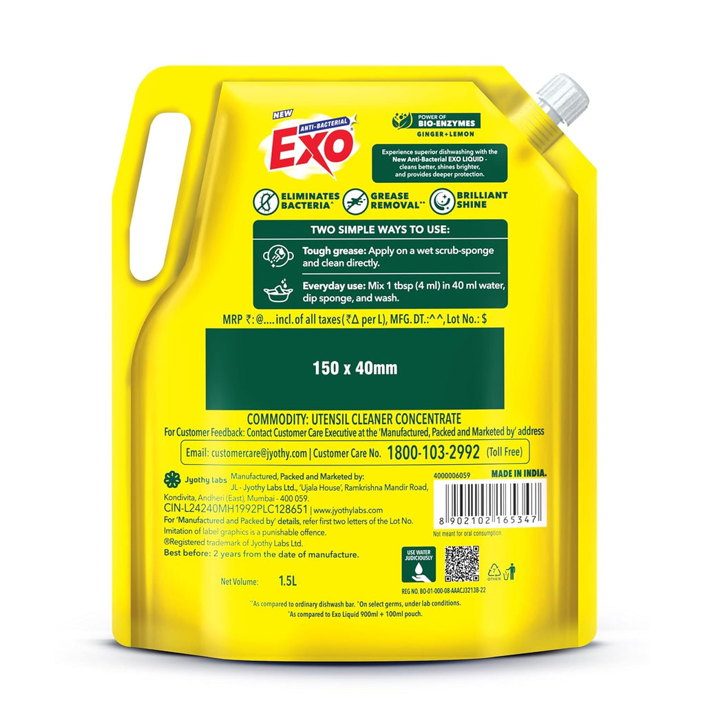 Exo Anti-Bacterial Liquid Dishwash Gel - 1.5L Value Pack| Anti-Bacterial Formula with Ginger & Lemon for Sparkling Clean Utensils |Powered with Bio...