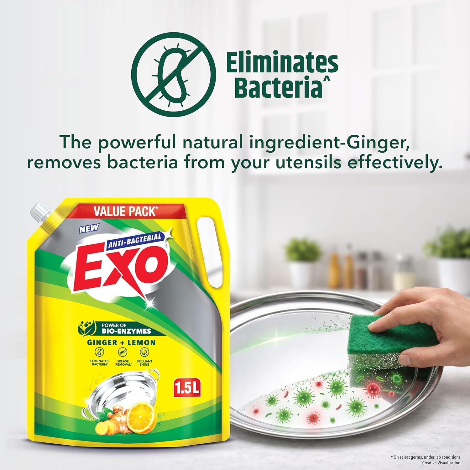 Exo Anti-Bacterial Liquid Dishwash Gel - 1.5L Value Pack| Anti-Bacterial Formula with Ginger & Lemon for Sparkling Clean Utensils |Powered with Bio...