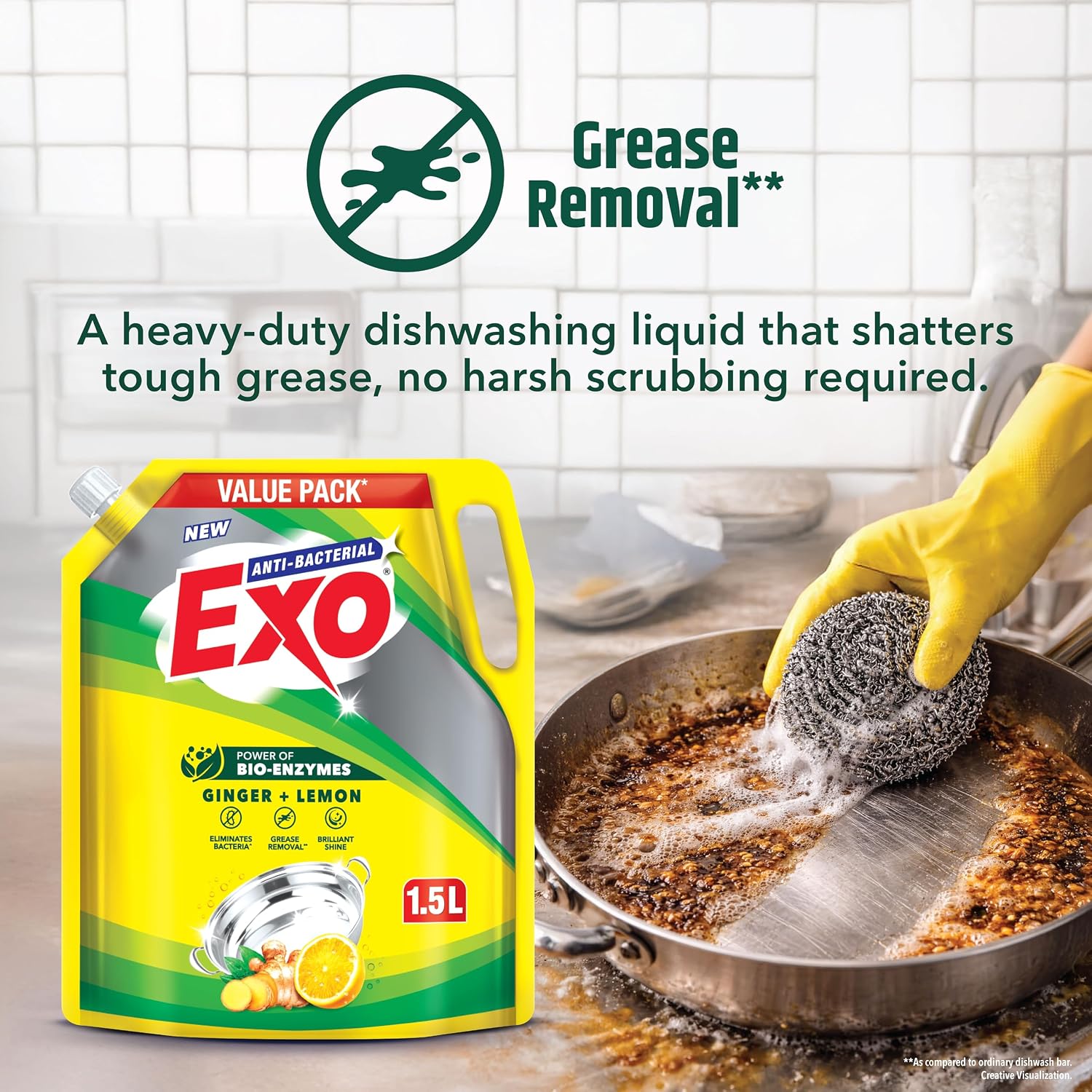 Exo Anti-Bacterial Liquid Dishwash Gel - 1.5L Value Pack| Anti-Bacterial Formula with Ginger & Lemon for Sparkling Clean Utensils |Powered with Bio...