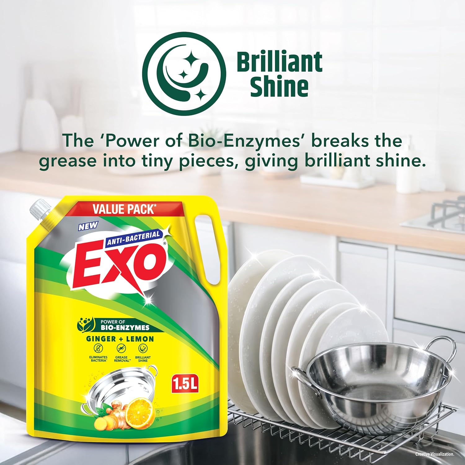 Exo Anti-Bacterial Liquid Dishwash Gel - 1.5L Value Pack| Anti-Bacterial Formula with Ginger & Lemon for Sparkling Clean Utensils |Powered with Bio...