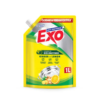Exo Dishwash Liquid Refill Pack | Ginger & Lemon | Tough Grease Removal for Utensils | Anti-Bacterial Dishwashing Liquid | Bio-Enzyme Liquid Dishwash | No Residue Cleaning - 1L