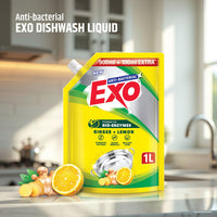 Exo Dishwash Liquid Refill Pack | Ginger & Lemon | Tough Grease Removal for Utensils | Anti-Bacterial Dishwashing Liquid | Bio-Enzyme Liquid Dishwash | No Residue Cleaning - 1L