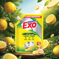 Exo Dishwash Liquid Refill Pack | Ginger & Lemon | Tough Grease Removal for Utensils | Anti-Bacterial Dishwashing Liquid | Bio-Enzyme Liquid Dishwash | No Residue Cleaning - 1L