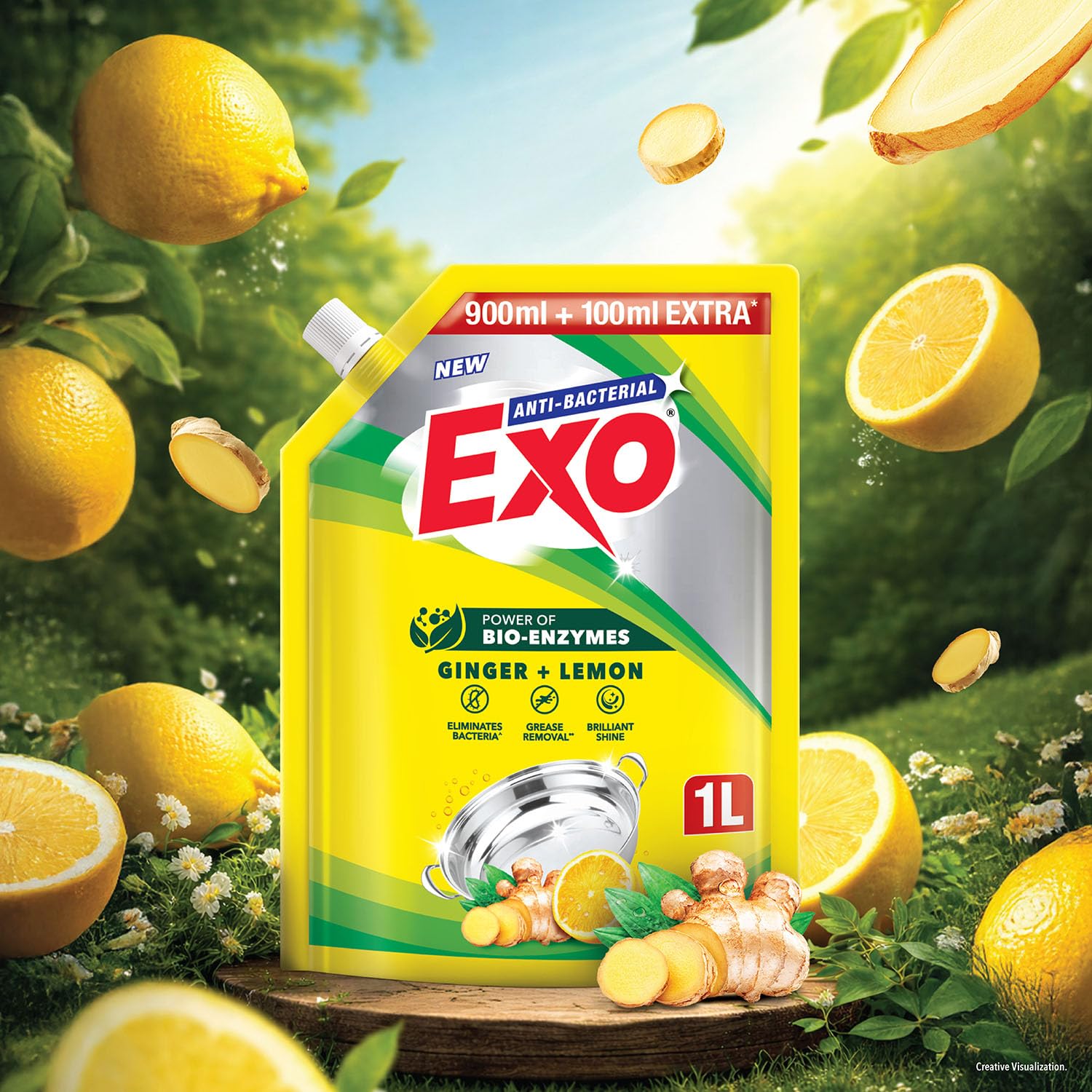 Exo Dishwash Liquid Refill Pack | Ginger & Lemon | Tough Grease Removal for Utensils | Anti-Bacterial Dishwashing Liquid | Bio-Enzyme Liquid Dishwash | No Residue Cleaning - 1L